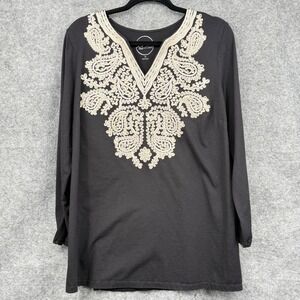 Black Long Sleeve Embroidered Tunic Top By INC Womens 1X Cotton‎ Blend